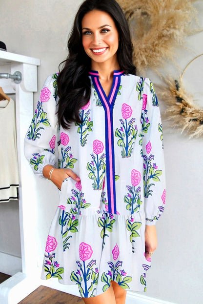 White Floral Print Contrast Striped Trim Notched Neck Long Sleeve Dress