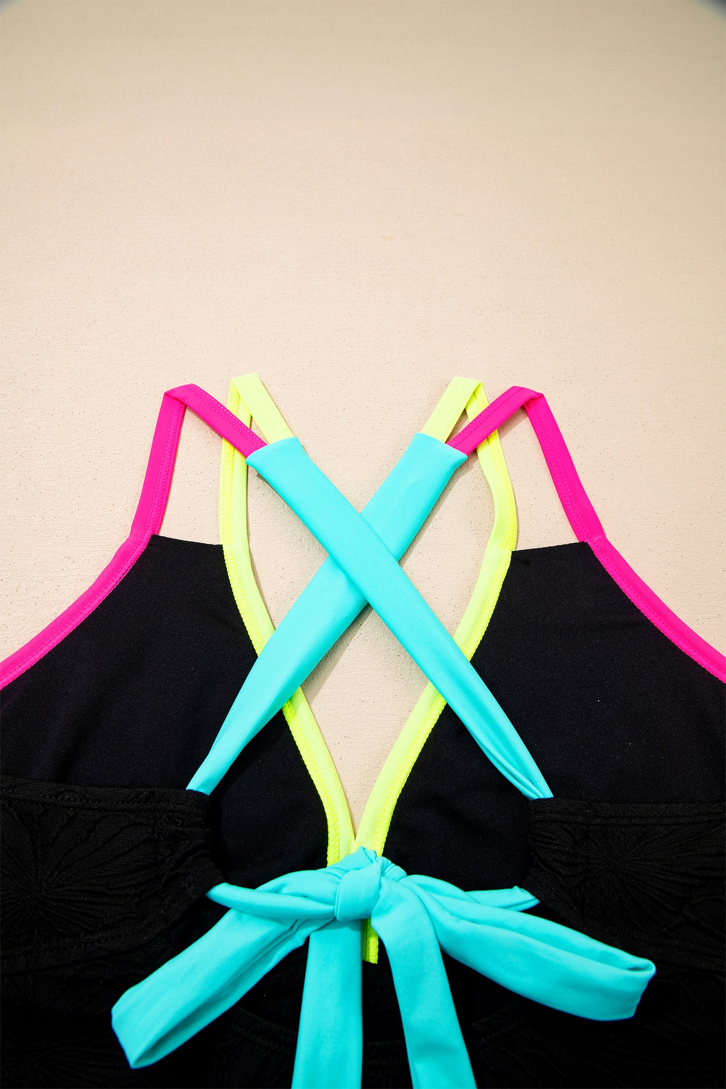 Black Floral Textured Neon Trim V Neck Crisscross Backless Tankini Set