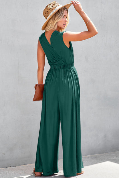 Blackish Green Deep V Pleated Crisscross Wide Leg Backless Jumpsuit