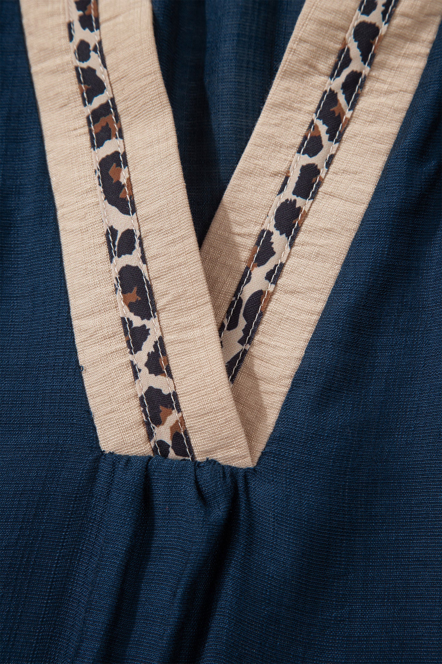 Navy Blue Contrast Leopard Patchwork Collar Plus Size Long Flounce Sleeve Blouse