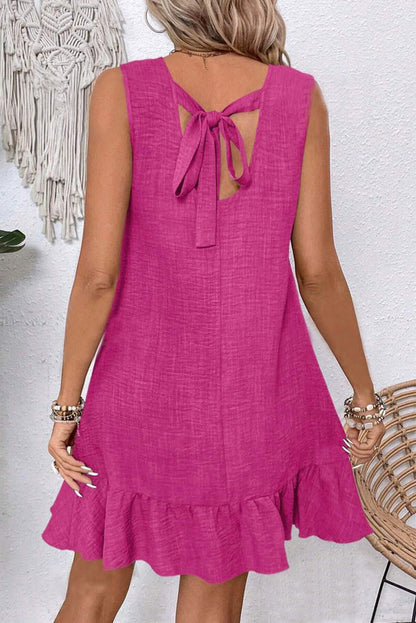 Bright Pink Knot Scoop Back Ruffle Hem Sleeveless Mini Dress