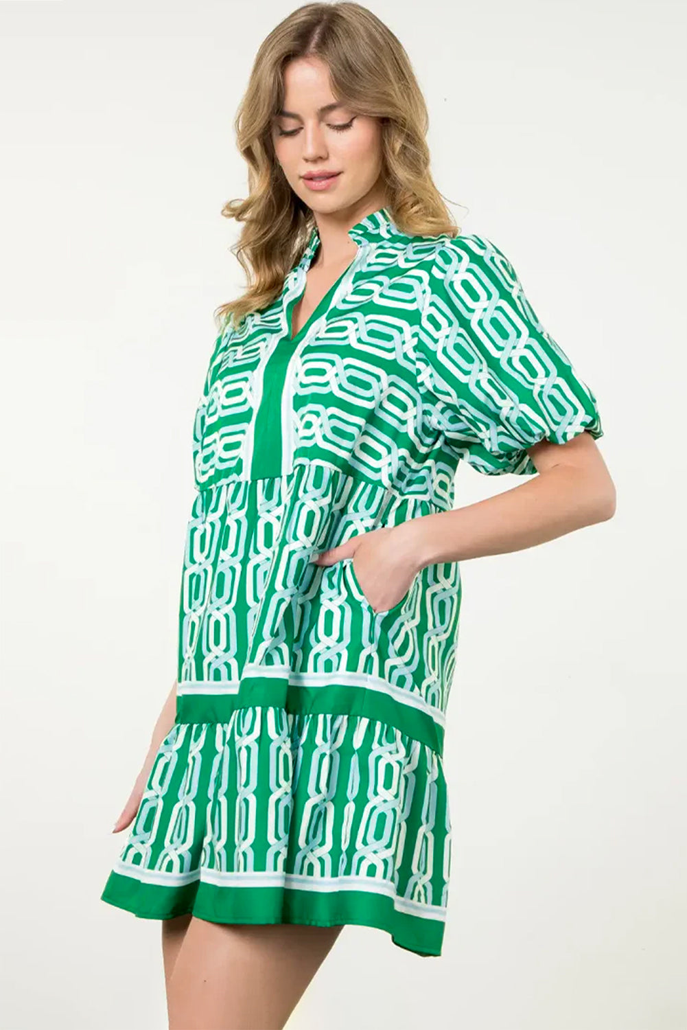 Bright Green Abstract Patterned V Neck Puff Short Sleeve Mini Dress