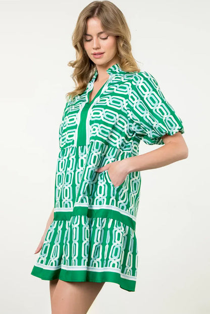 Bright Green Abstract Patterned V Neck Puff Short Sleeve Mini Dress
