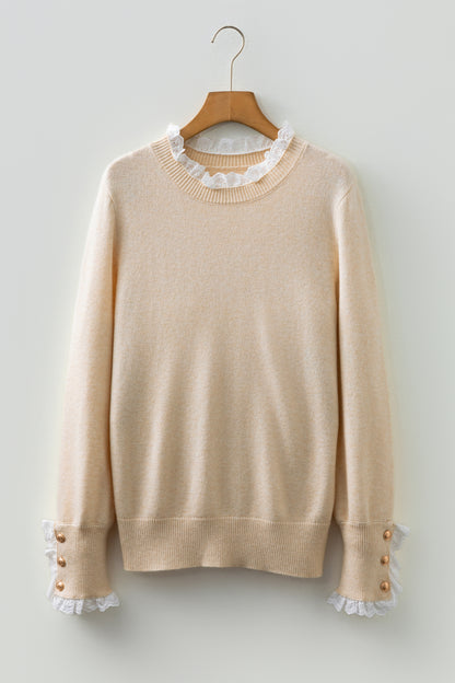 Jet Stream Lace Trim Patchwork Buttoned Cuffs Loose Sweater