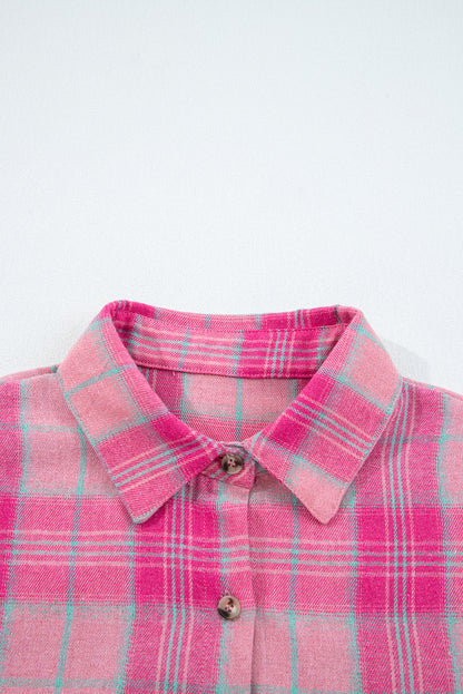 Sachet Pink Plaid Print Rounded Hem Long Sleeve Shirt with Pockets