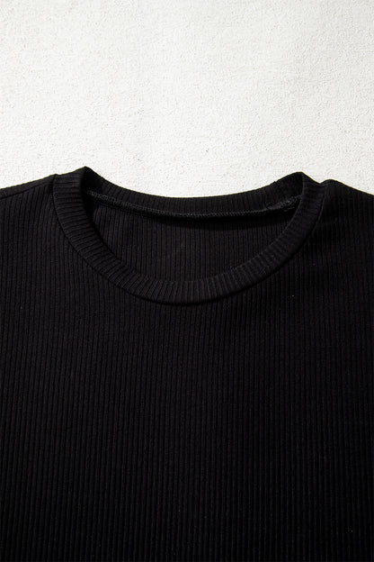 Black Ribbed Long Sleeve Crew Neck Solid Color Bodysuit