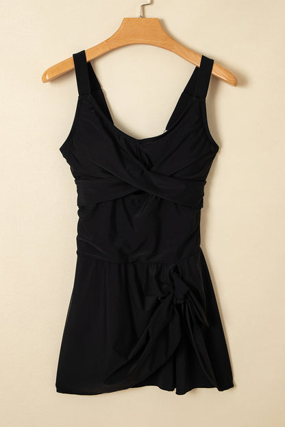 Black Adjustable Straps Cutout Ruched Knot Slit One Piece Swim Dress