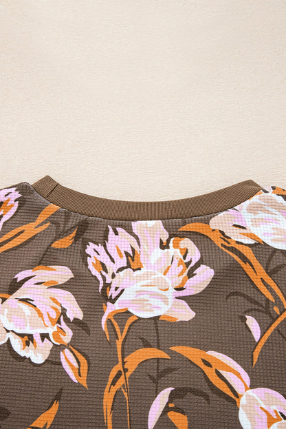 Brown Floral Print Waffle Textured Long Sleeve Top