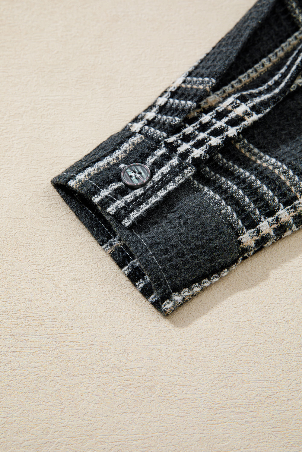 Black Plaid Print Textured Knit Buttoned Shacket