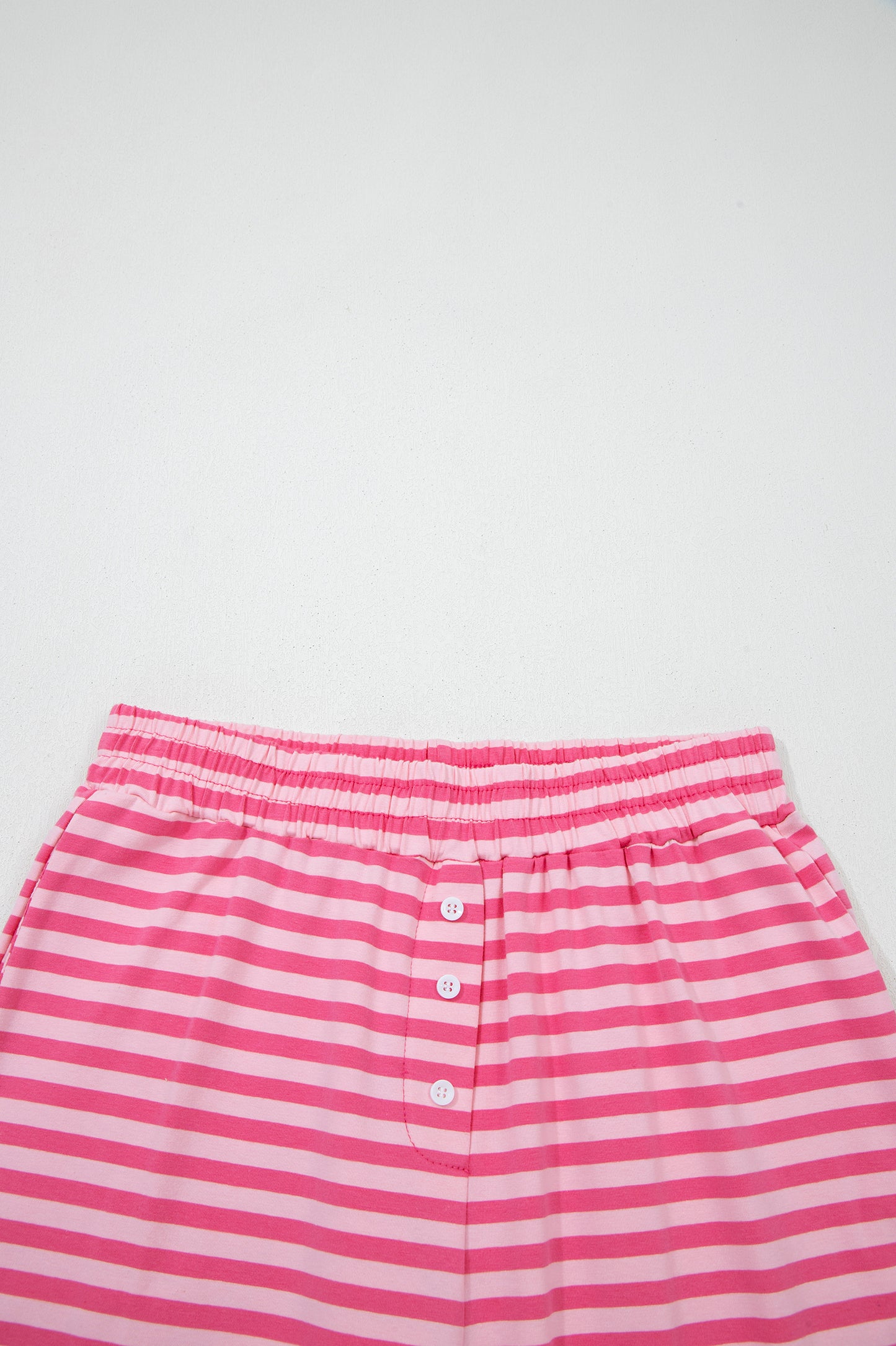 Rose Stripe Drop Shoulder Round Neck Top and Buttoned Straight Pants Two Piece Set