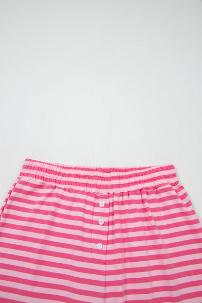 Rose Stripe Drop Shoulder Round Neck Top and Buttoned Straight Pants Two Piece Set