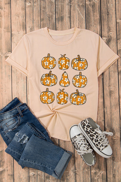 Khaki Floral Pumpkin Print Casual T Shirt