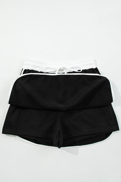 Black Varsity Stripe Detail Drop Shoulder Pullover Mini Skirt Set