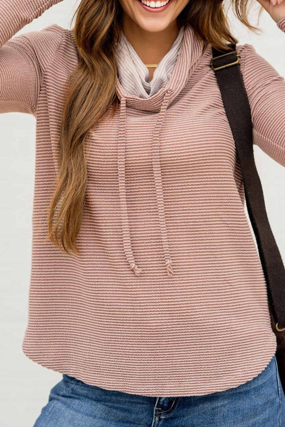 Pale Chestnut Horizontal Twist Ribbed Drawstring Cowl Neck Knit Top