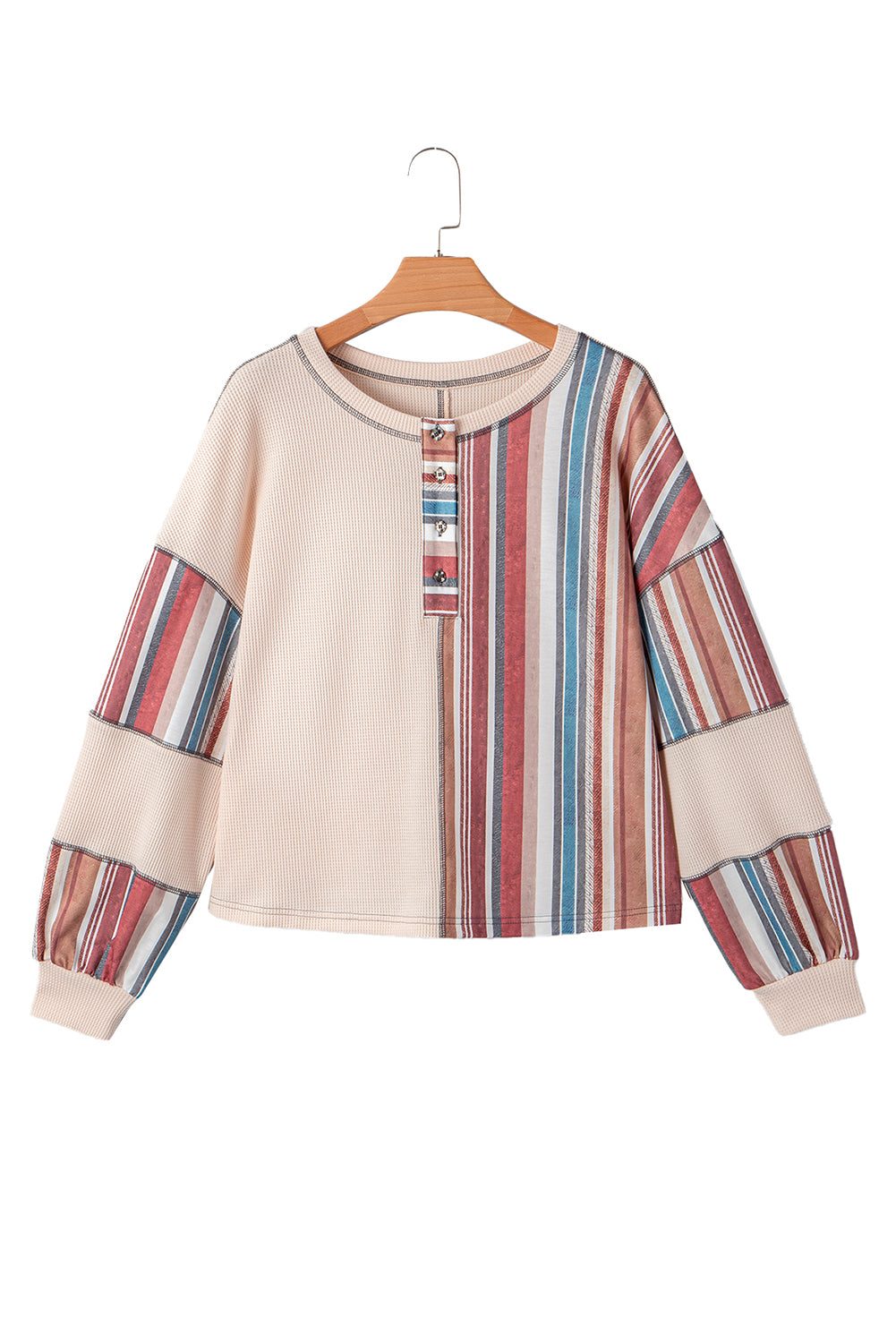 Beige Striped Waffle Patchwork Exposed Seam Raw Edge Casual Knit Top