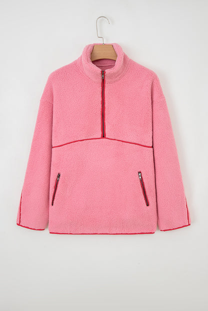 Strawberry Pink Sherpa Contrast Faux Leather Trim Half Zip Pocketed Pullover Sweatshirt