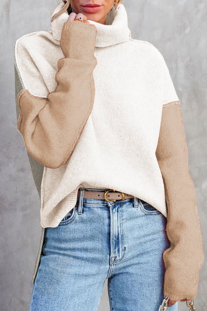 White Color Block Turtle Neck Drop Shoulder Knit Sweater