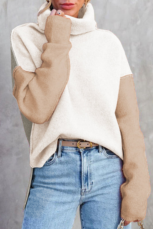 White Color Block Turtle Neck Drop Shoulder Knit Sweater