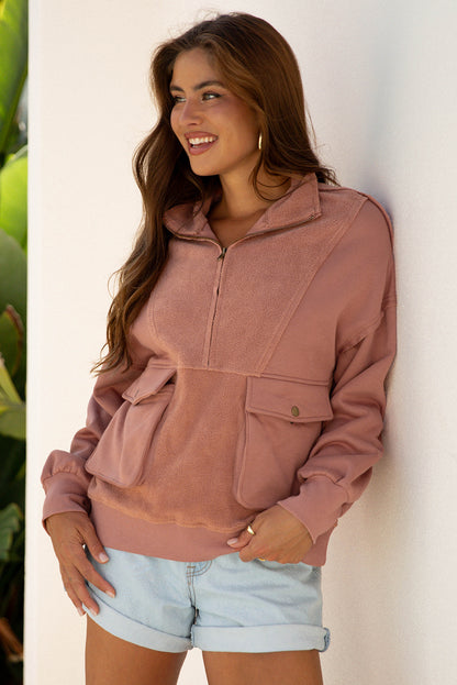 Camel Exposed Seam Side Pockets Half Zipper Baggy Sweatshirt