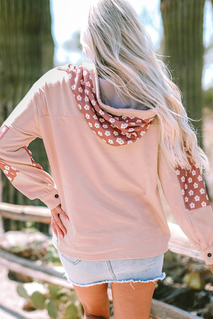 Apricot Floral Patchwork Star Pattern Drawstring Hoodie