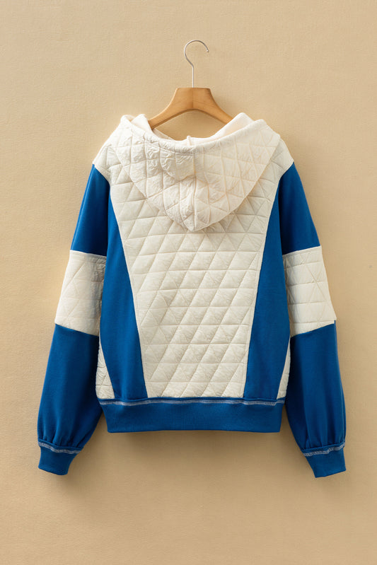White Quilted Fleece Color Block Patchwork Oversize Hoodie