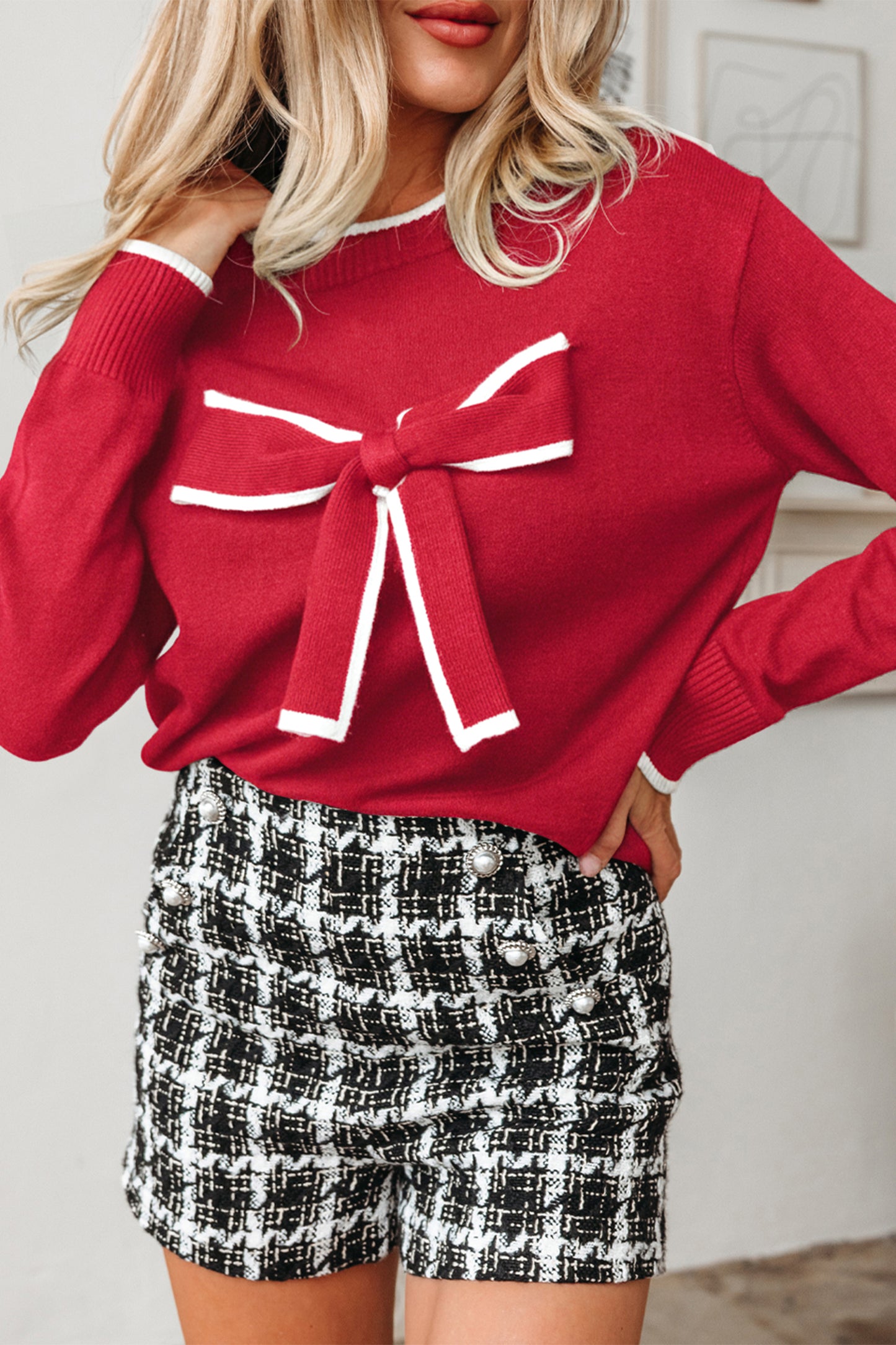 Black Contrast Trim Big Bow Accent Holiday Cropped Sweater