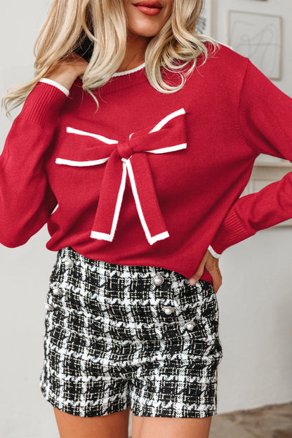 Black Contrast Trim Big Bow Accent Holiday Cropped Sweater