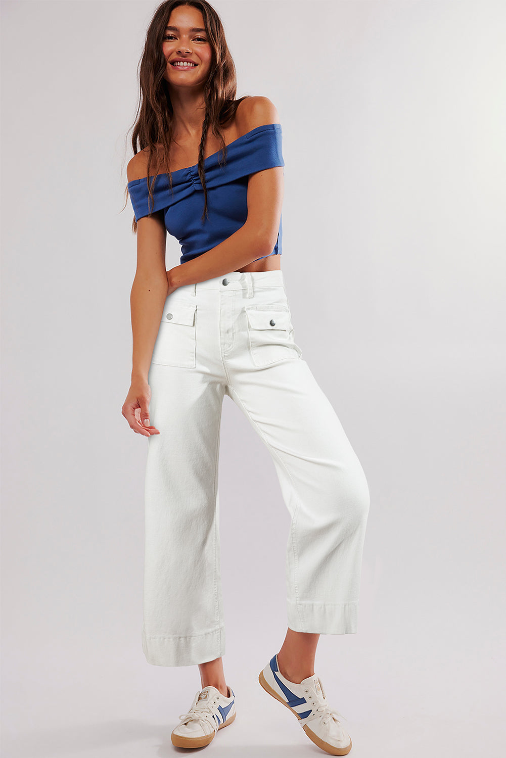 Brown Flap Pockets Front Straight Cropped Jeans