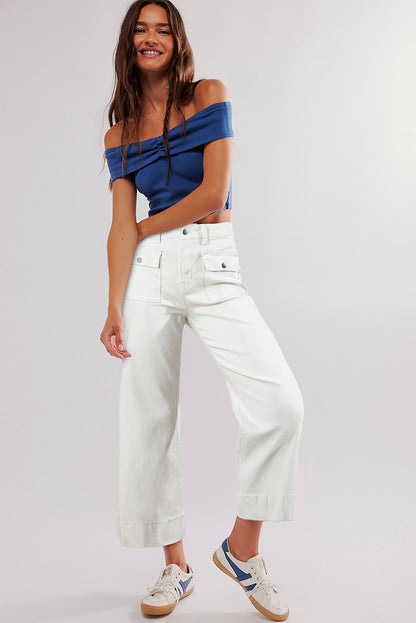 Brown Flap Pockets Front Straight Cropped Jeans