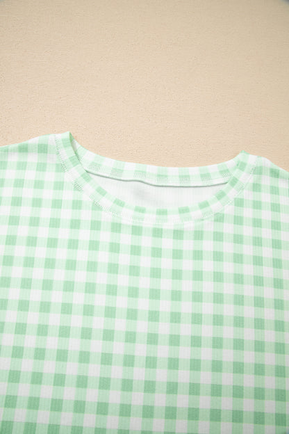 Green Gingham Long Sleeve Loose Top Drawstring Shorts 2pcs Lounge Set