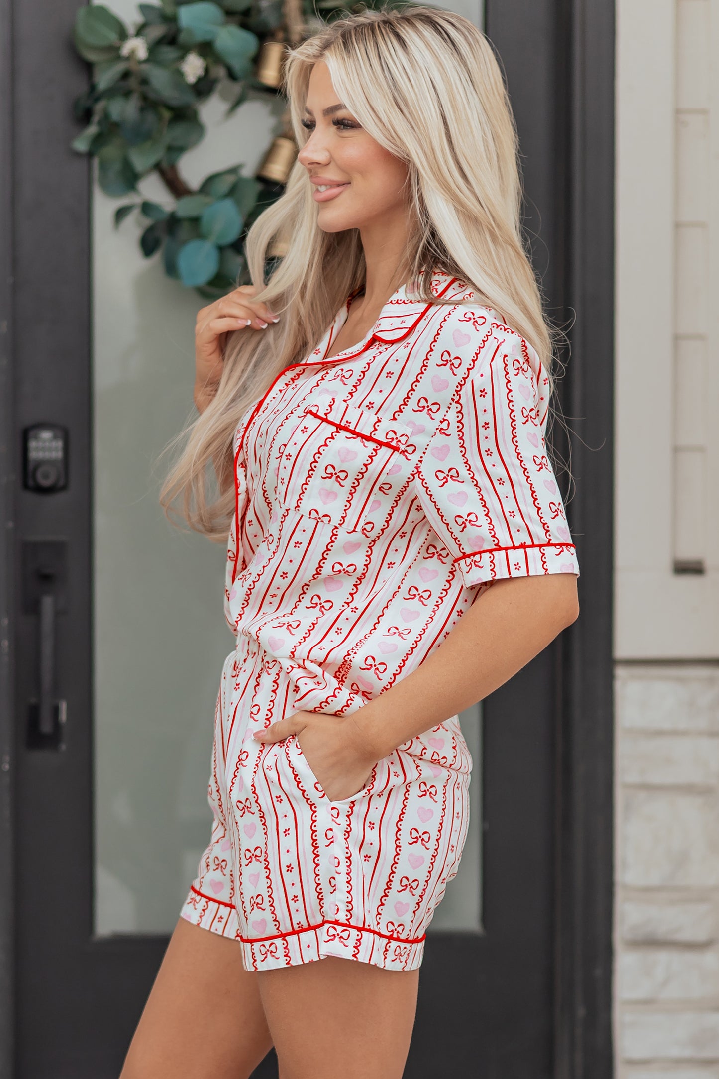 Red Cute Bow Heart Print Ribbon Decor Short 2pcs Pajama Set