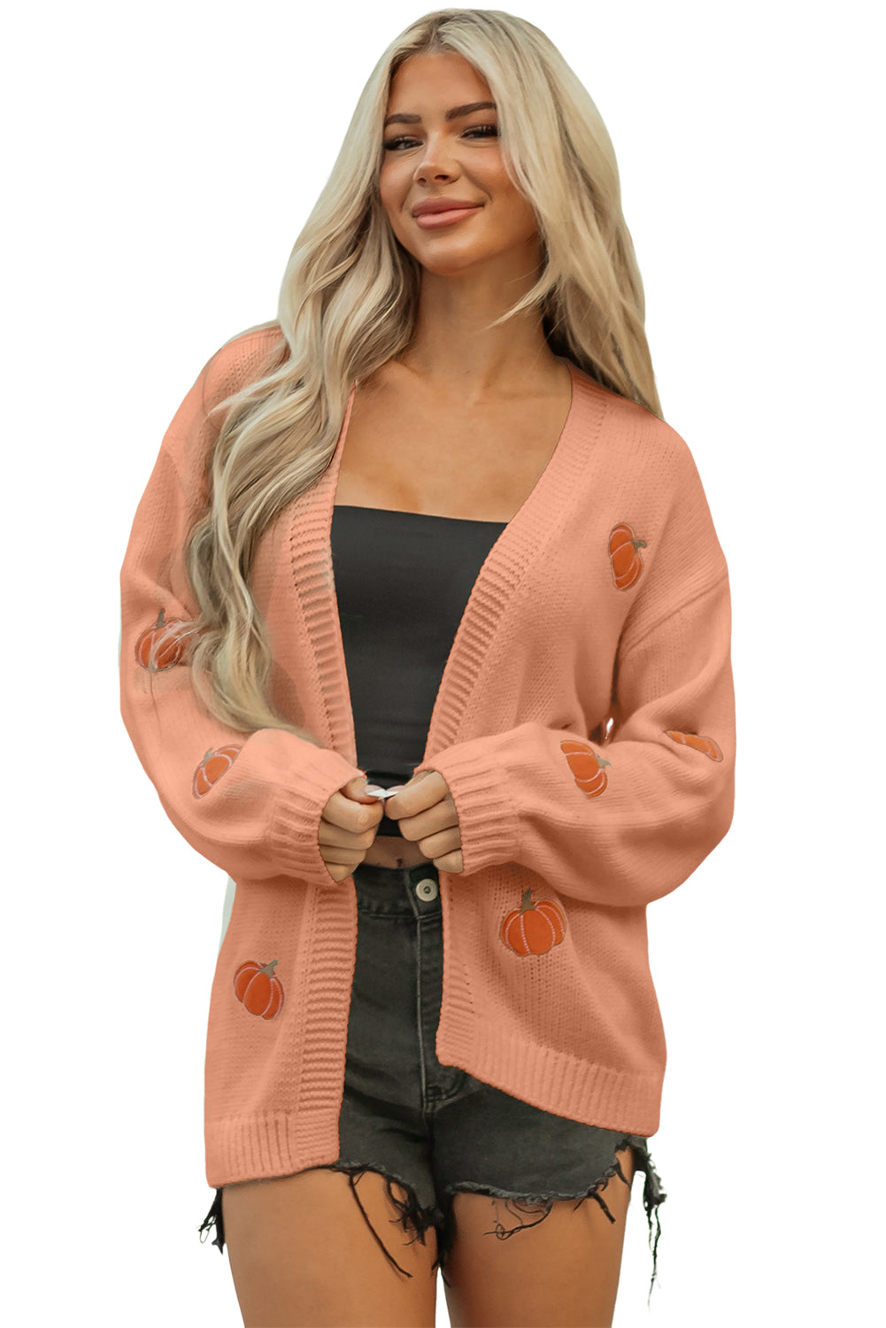 Straw Yellow Pumpkin Tree Print Open Front Drop Shoulder Midi Cardigan