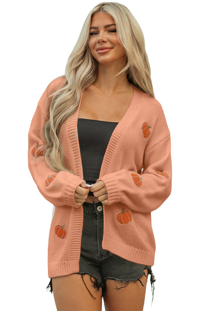 Straw Yellow Pumpkin Tree Print Open Front Drop Shoulder Midi Cardigan