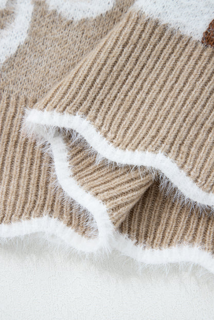 Seagrass Plush Flower Pattern Scalloped Trim V Neck Sweater