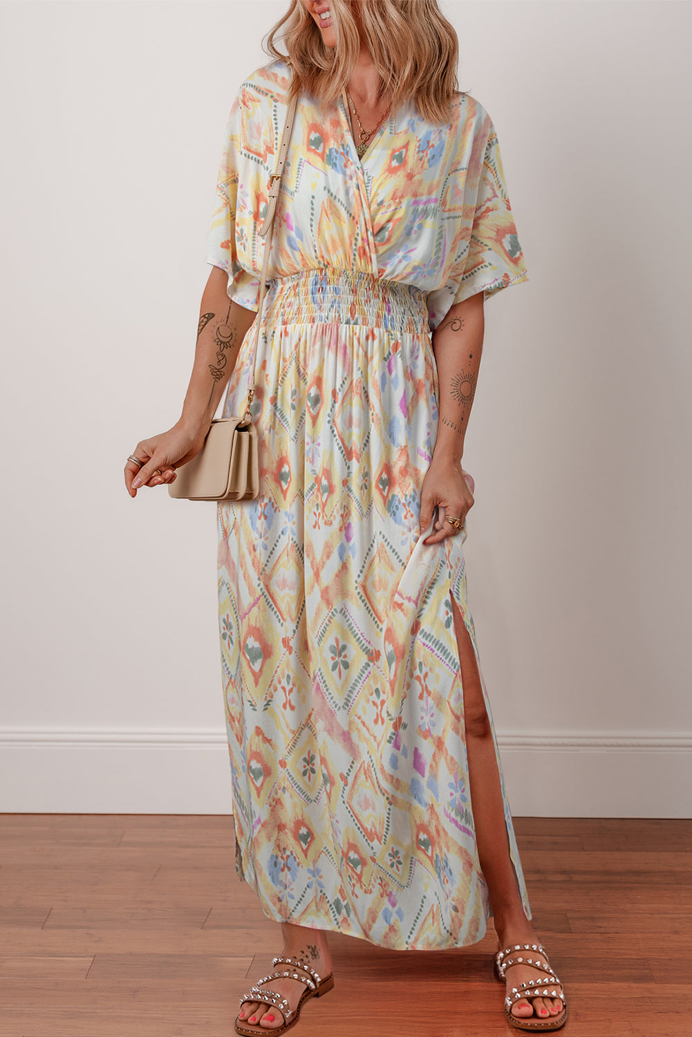 Multicolour Geometric Print Half Sleeve Shirred High Waist Maxi Dress