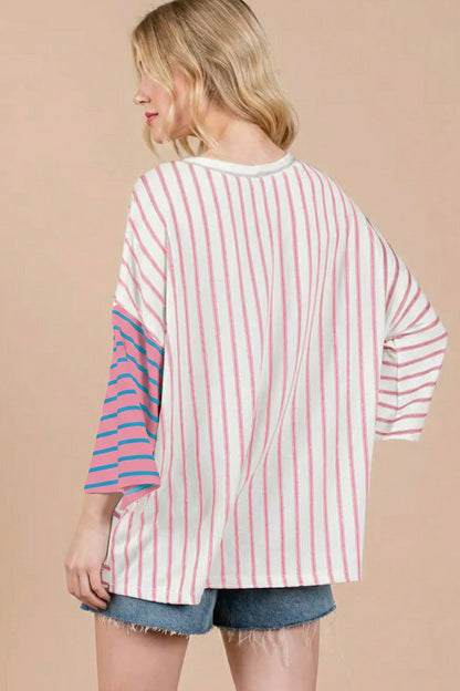 Green Stripe Colorblock 3/4 Sleeve Loose T Shirt
