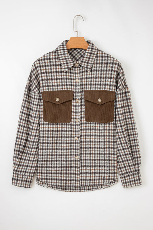 Casual Contrast Corduroy Flap Pocket Patchwork Plaid Shacket