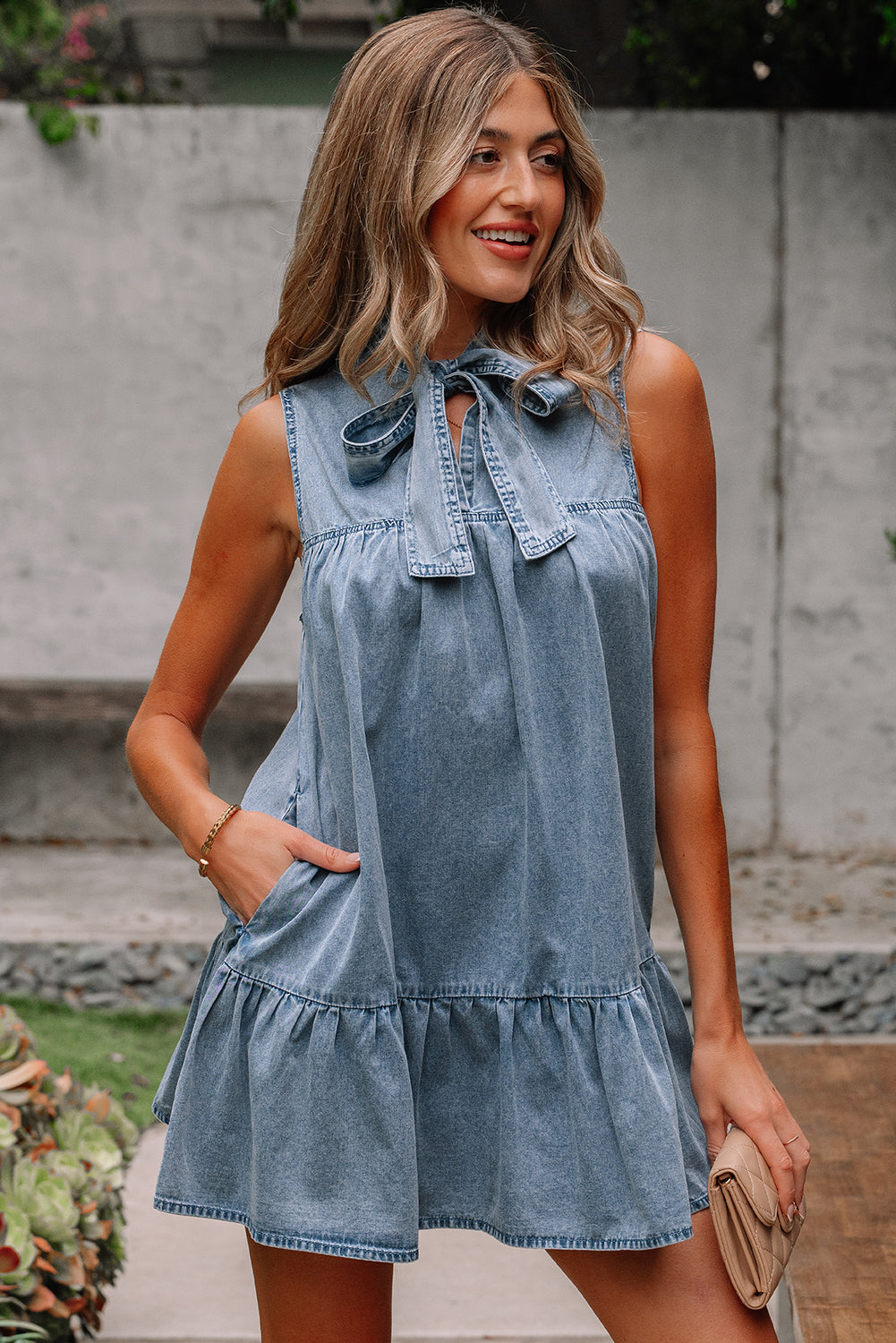Real Teal Bowknot Neck Sleeveless Ruffled Chambray Dress