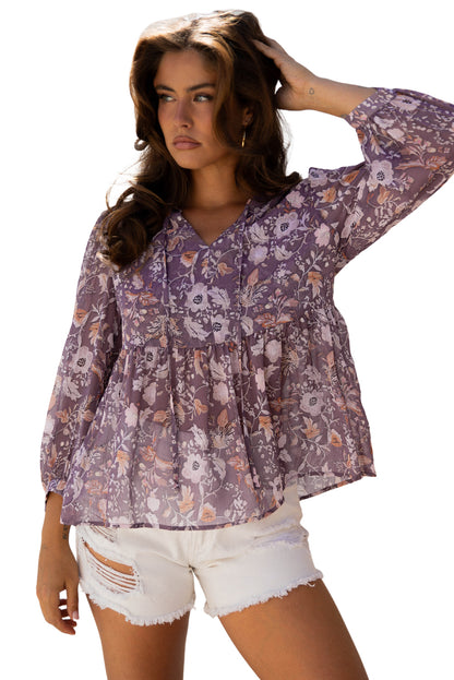 Blue Boho Flower Print 3/4 Sleeve Babydoll Blouse