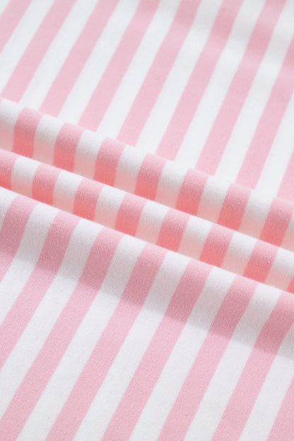 Rose Stripe Drop Shoulder Round Neck Top and Buttoned Straight Pants Two Piece Set