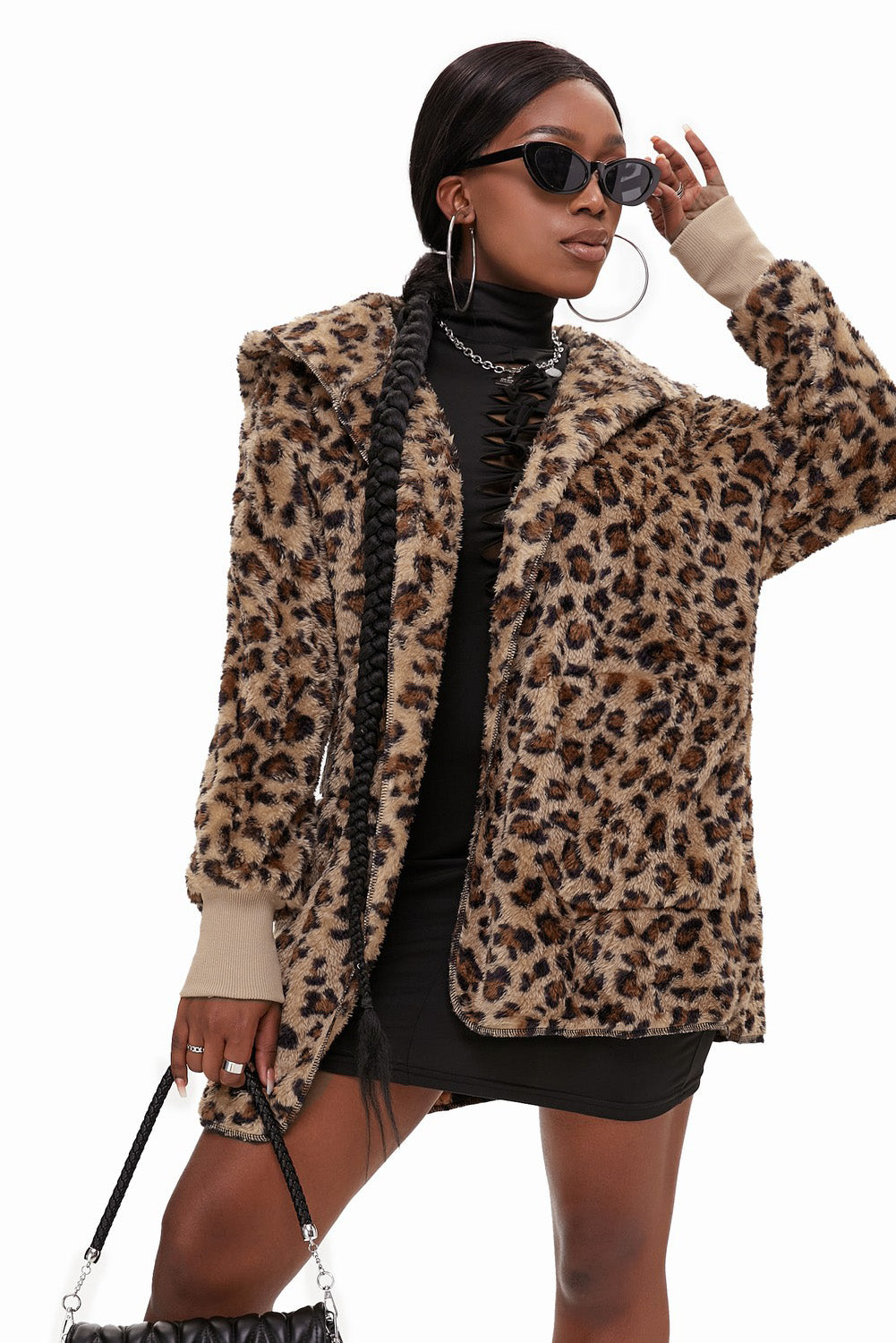 Leopard Soft Fleece Hooded Open Front Jacket