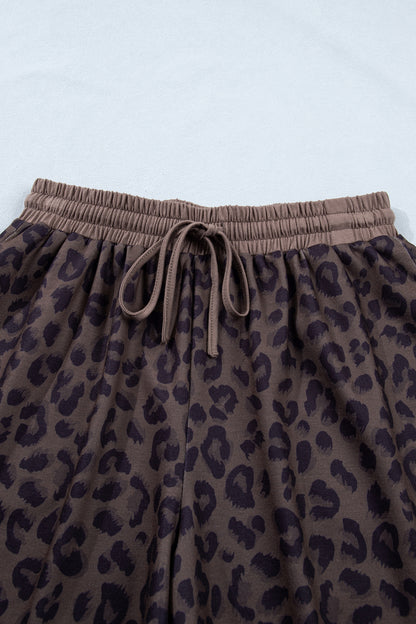 Brown V Neck Collar Leopard Printed 2pcs Short Set