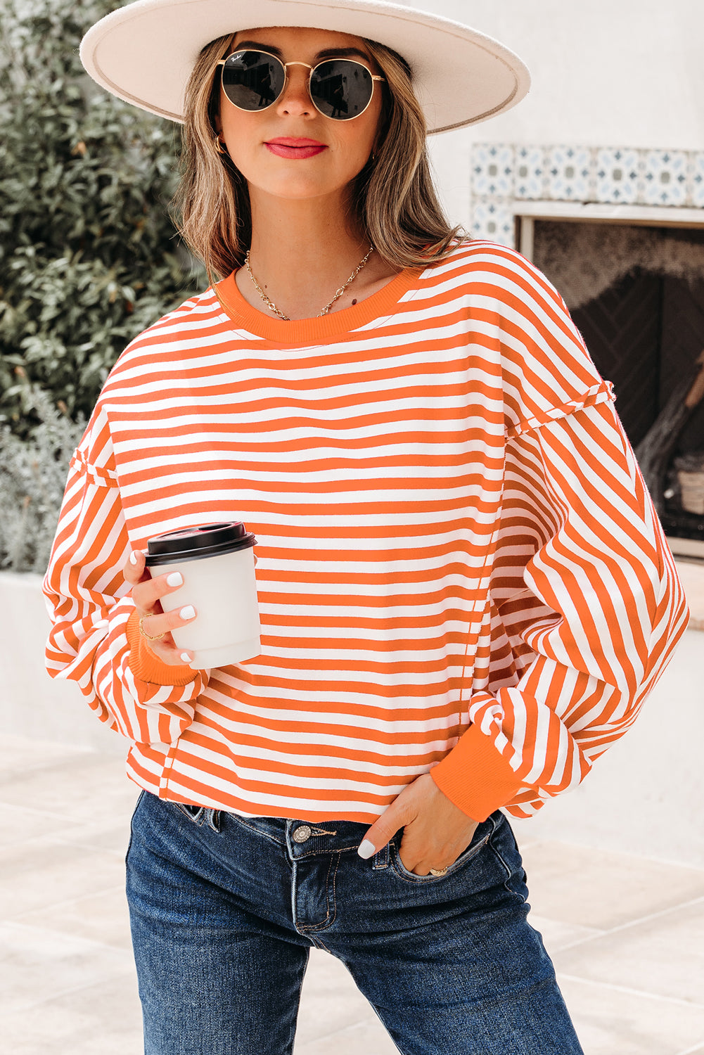 Red Stripe Exposed Seam Drop Shoulder Casual Pullover Top