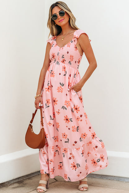 Pink Floral V Neck Smocked High Waist Ruffle Hem Long Dress