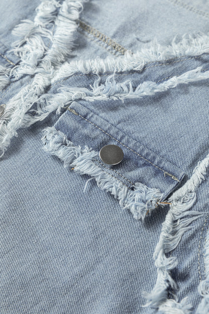 Beau Blue Frayed Edge Flap Pockets Denim Vest Jacket