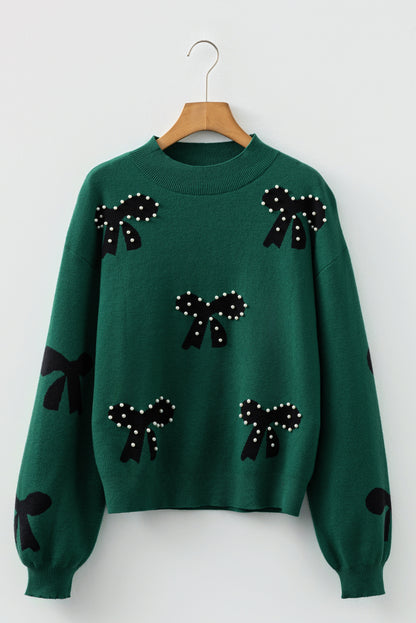 Racing Red Pearl Embellished Bow Pattern Loose Sweater