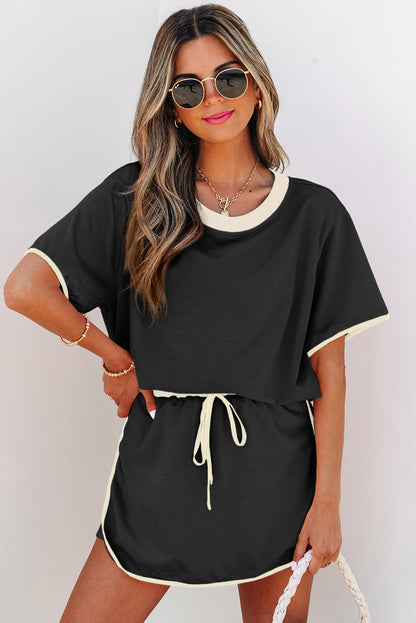 Evergreen Colorblock Edge Drop Shoulder T Shirt and Skort 2Pcs Set