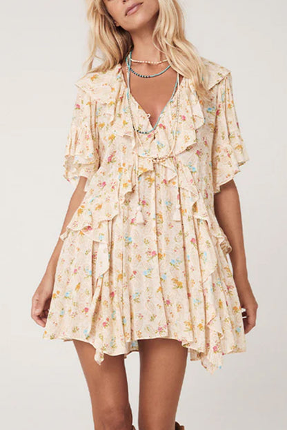 Apricot Boho Floral Tassel Tie V Neck Ruffle Wide Sleeve Mini Dress