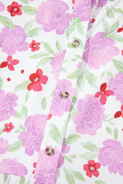 Pink Floral Print Striped Trim Frilled Neck 3/4 Sleeve Flared Mini Dress