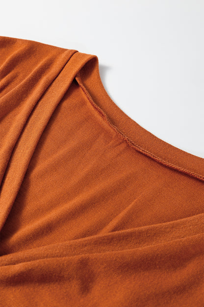 Grapefruit Orange Contrast Stitching Buttoned V Neck Half Sleeve Top and Drawstring Flare Pants Set